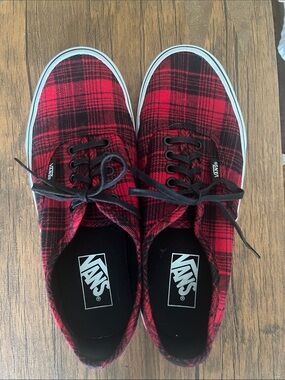 Vans Red and Black Plaid Low-Top Sneakers 9